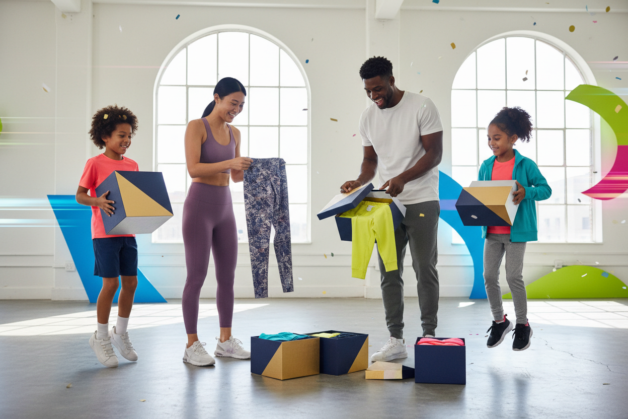 Women, men, and children with mystery boxes